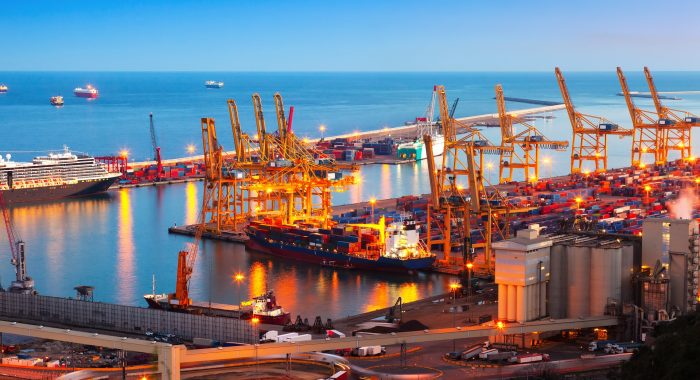Industrial port de Barcelona in evening. Spain